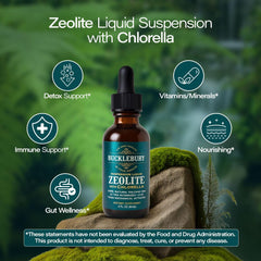 BUCKLEBURY Zeolite label highlights chlorella immune-friendly ingredients.