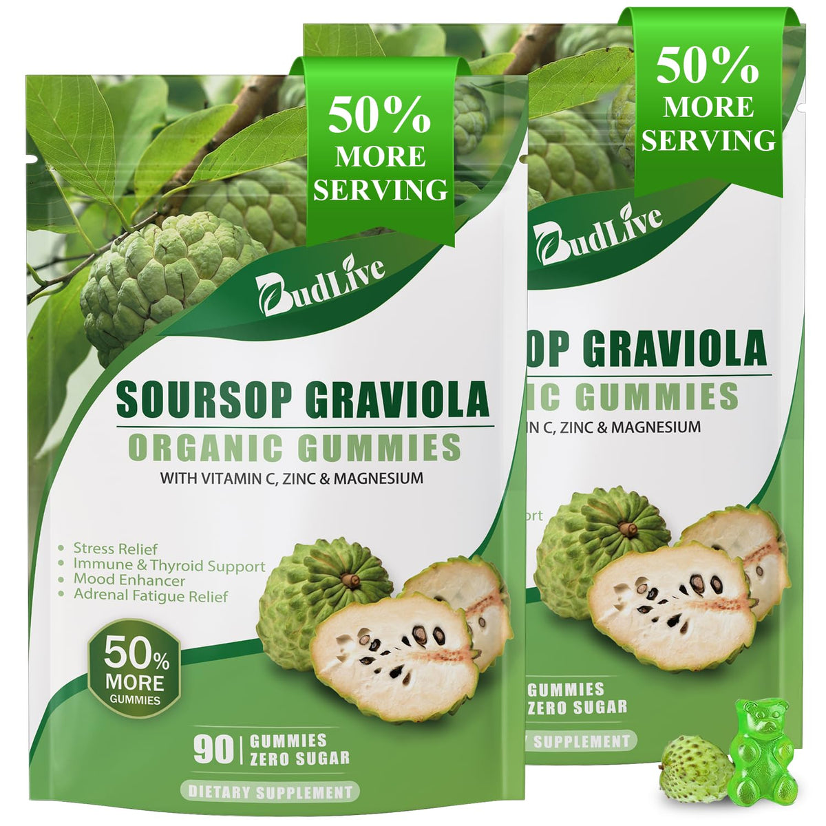 BudLive Soursop Gummies bottle shown, supporting immune wellness with vitamin C and zinc.