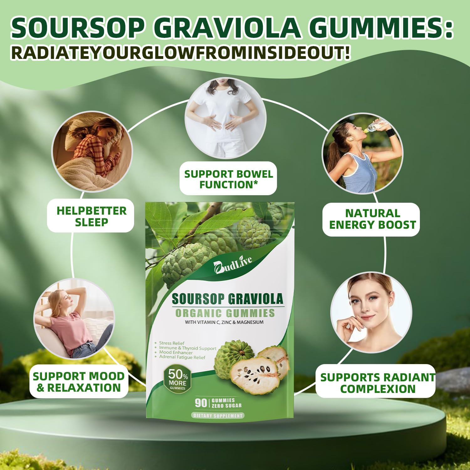 BudLive Soursop Gummies label highlights vegan and gluten-free traits.