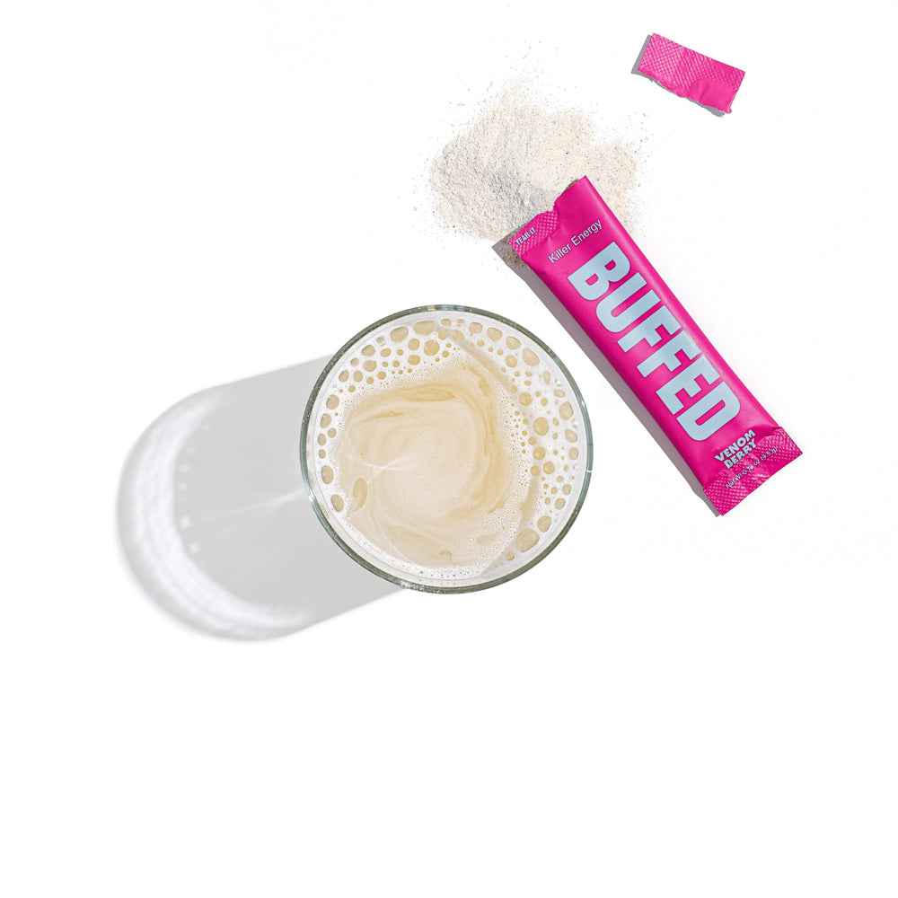 BUFFED powder packet close-up showing texture and Venom Berry flavor
