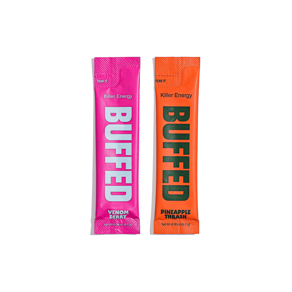 BUFFED Venom Berry mix ready in a glass for quick hydration and focus