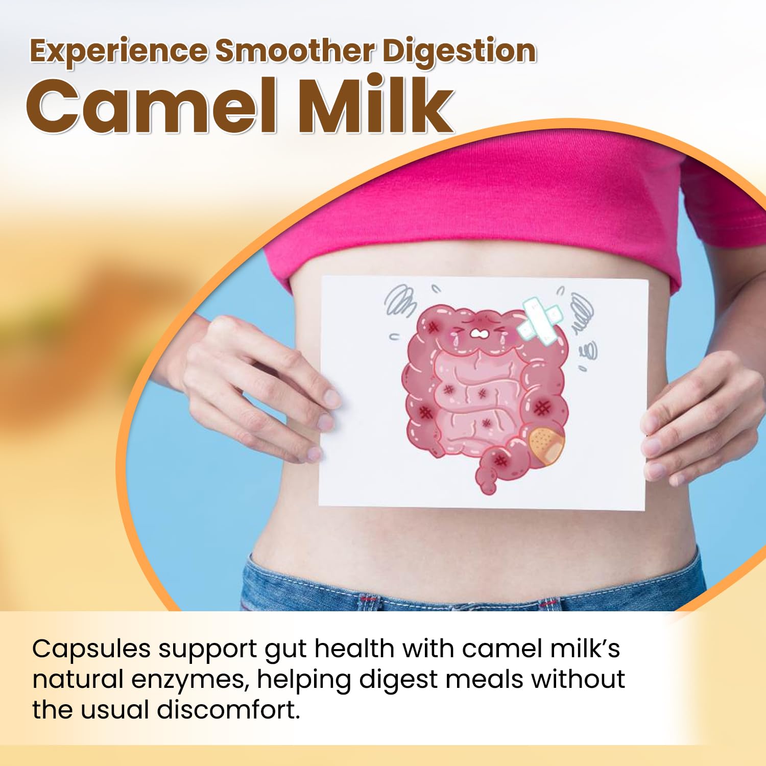 BUiE Camel Milk Capsules label notes lactose-light formula for sensitive stomachs.