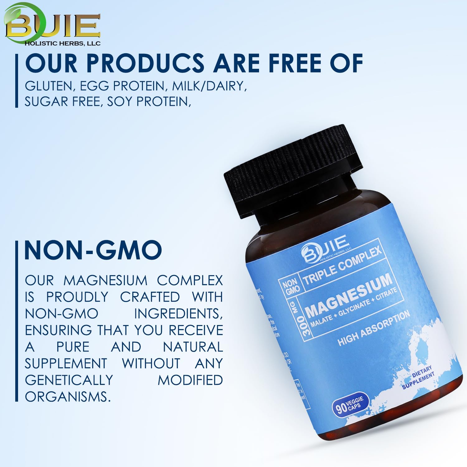 A daily-use scene with Buie Triple Magnesium capsules on a clean kitchen counter.