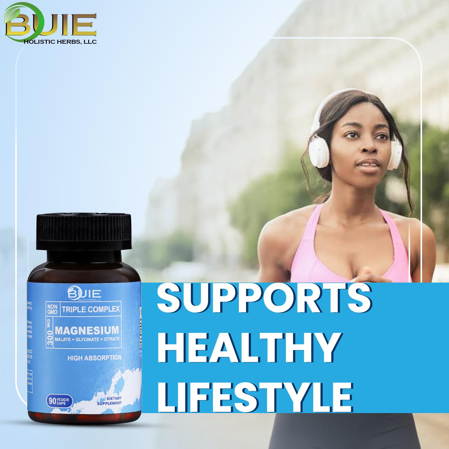 Buie magnesium ingredients highlighting glycinate, citrate, malate for enhanced uptake.