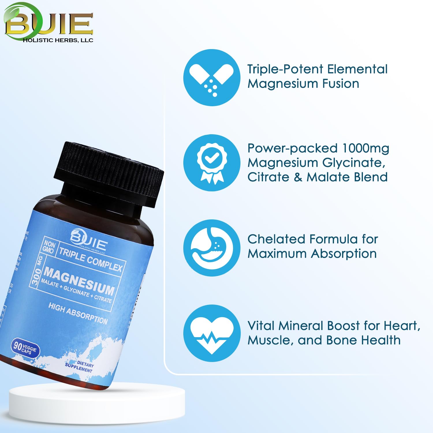 Label panel on Buie Triple Magnesium highlighting chelated glycinate, citrate, and malate for high absorption.