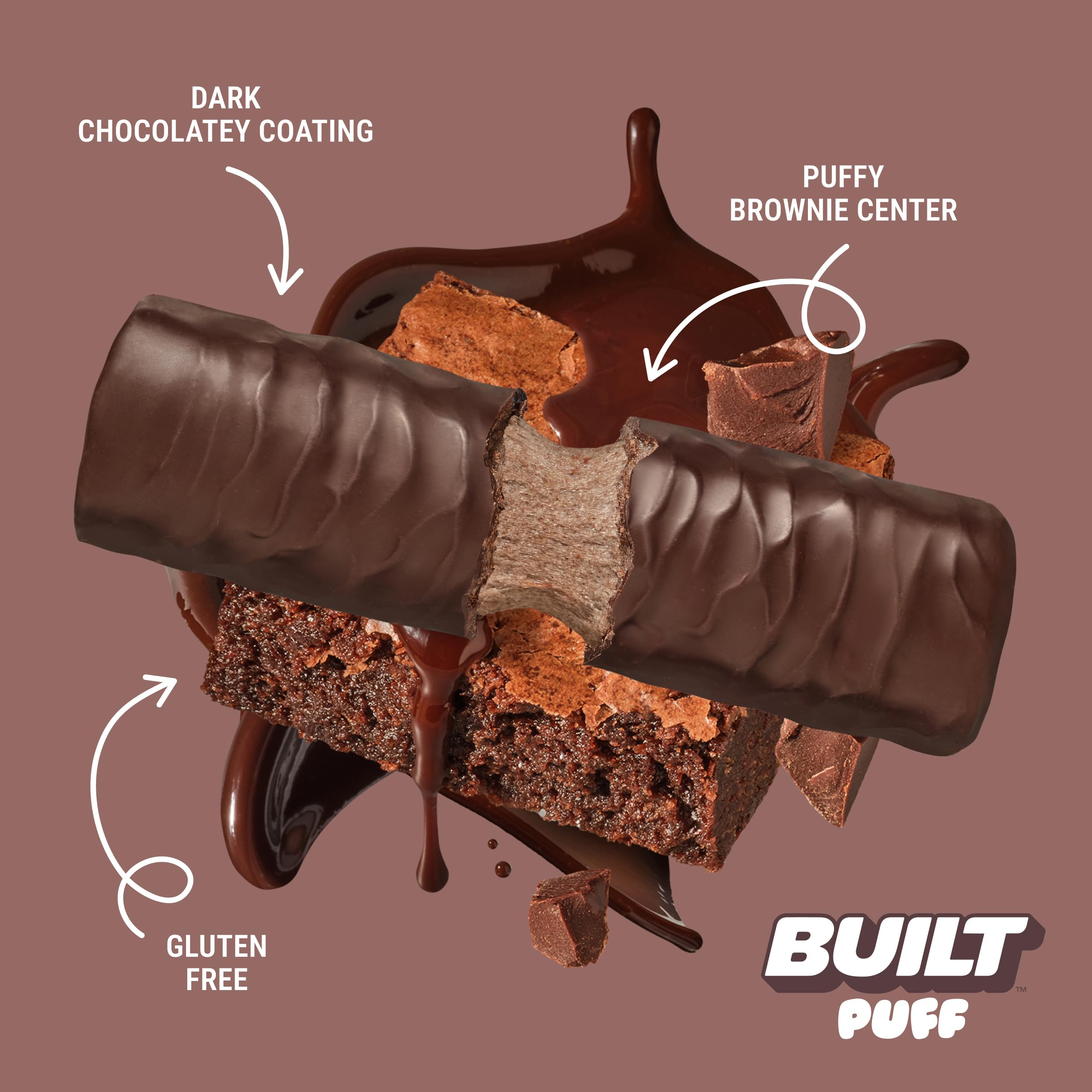 Built Bar Brownie Batter Puff break-open shot highlights satisfying snack.