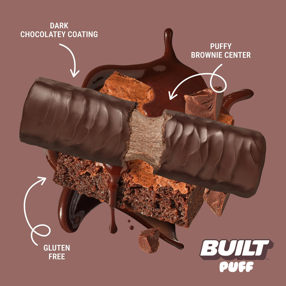 Built Bar Brownie Batter Puff break-open shot highlights satisfying snack.