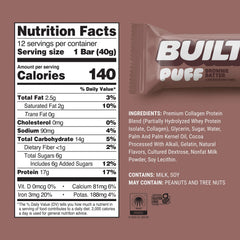Built Bar Puff texture close-up shows smooth taste and protein.