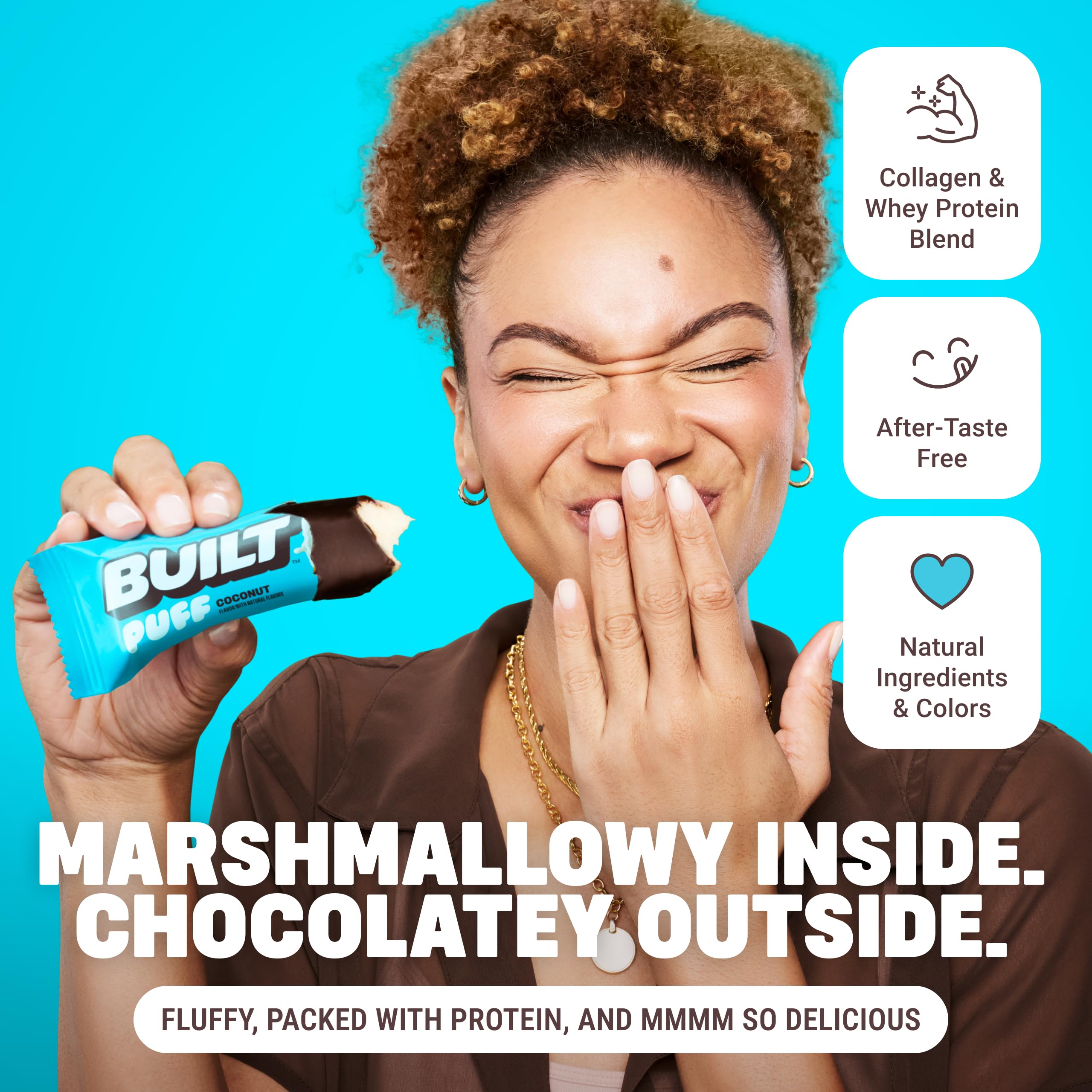 Built Bar Puff Coconut nutrition panel shows 17g protein and 140 calories