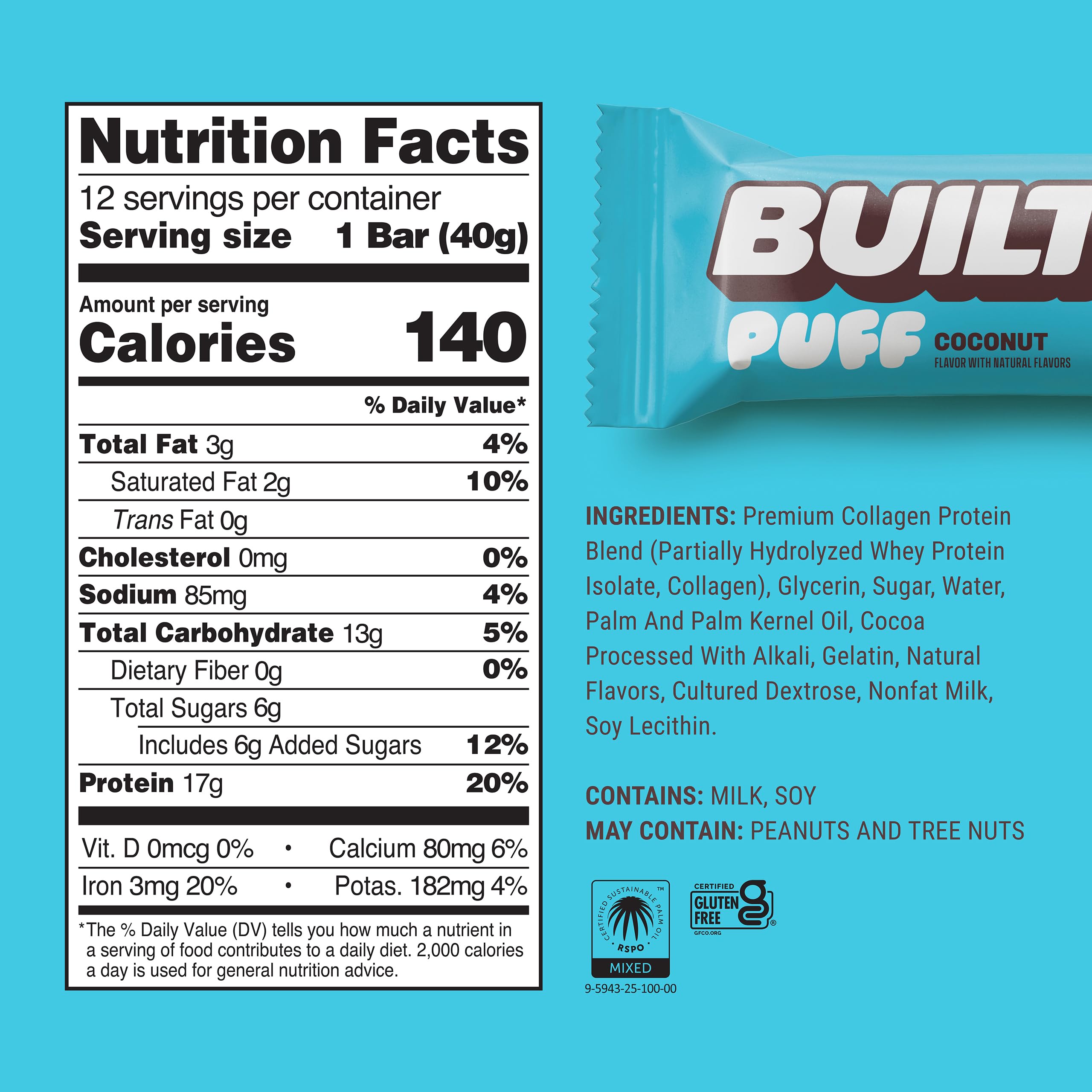 Built Bar Puff Coconut packaging, gluten-free protein bar for busy days