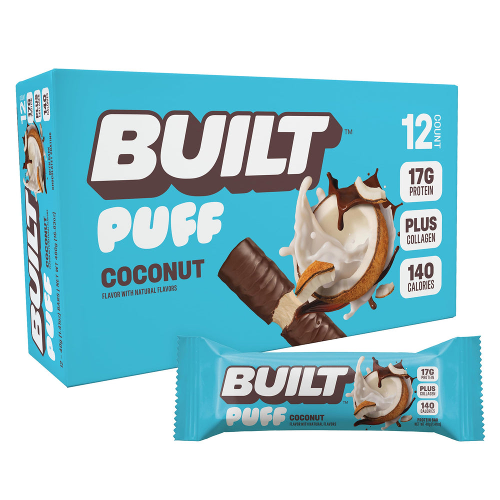 Built Bar Puff Coconut top view, protein-packed on-the-go energy