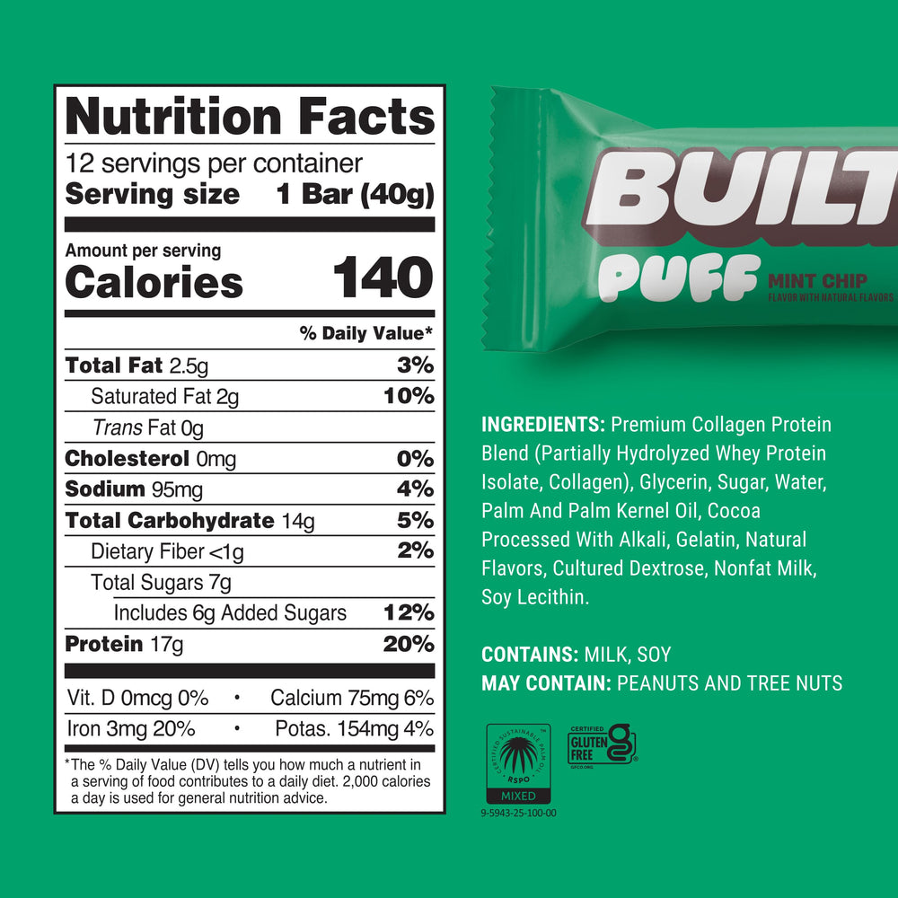 Built Bar Puff Mint Chip bar closeup reveals a smooth, enjoyable texture.