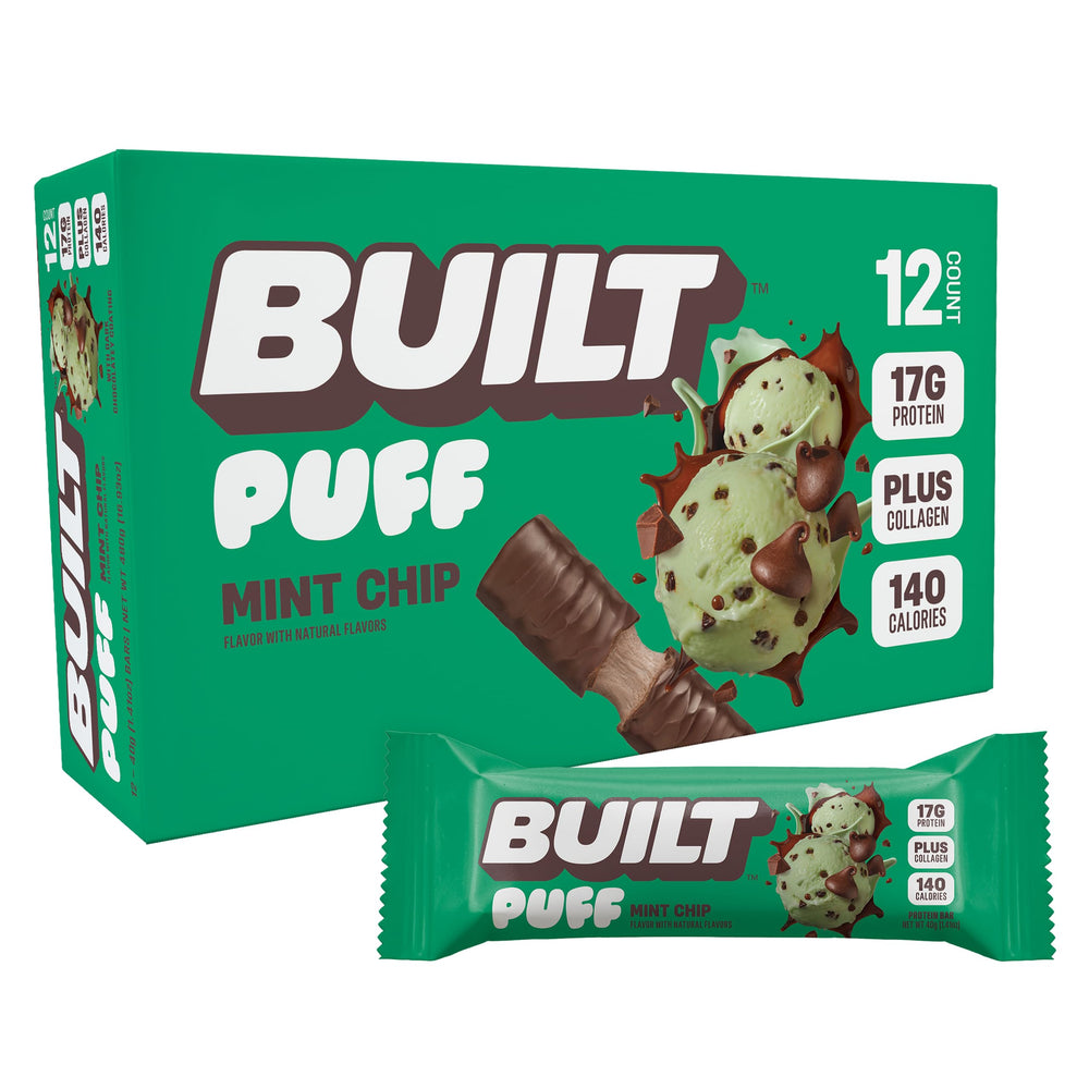 Built Bar Puff Mint Chip packaging shows an on-the-go protein boost.