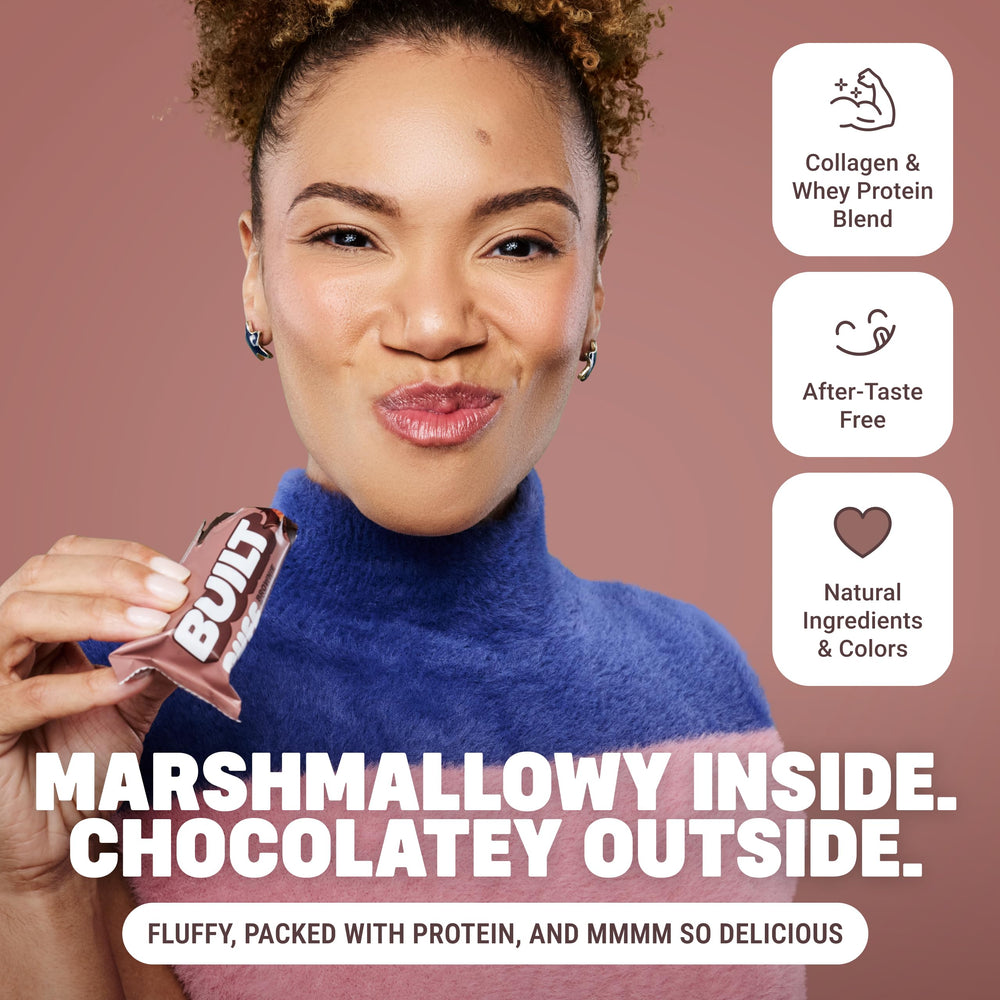 Nutrition panel on Built Bar Puff shows 140 calories and 6g sugar.