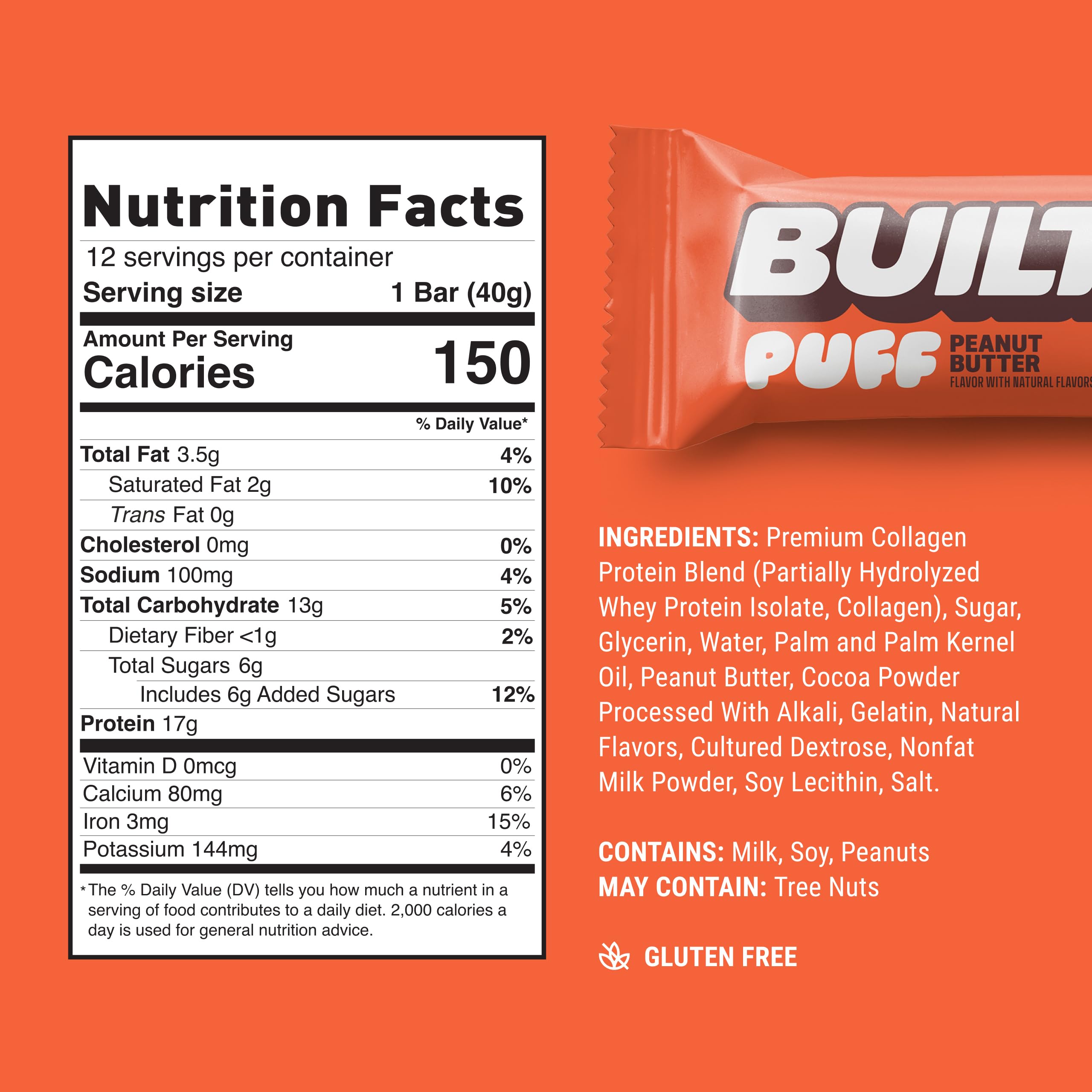 Built Bar Puff Peanut Butter bar close-up highlights chocolate coating and lightness.
