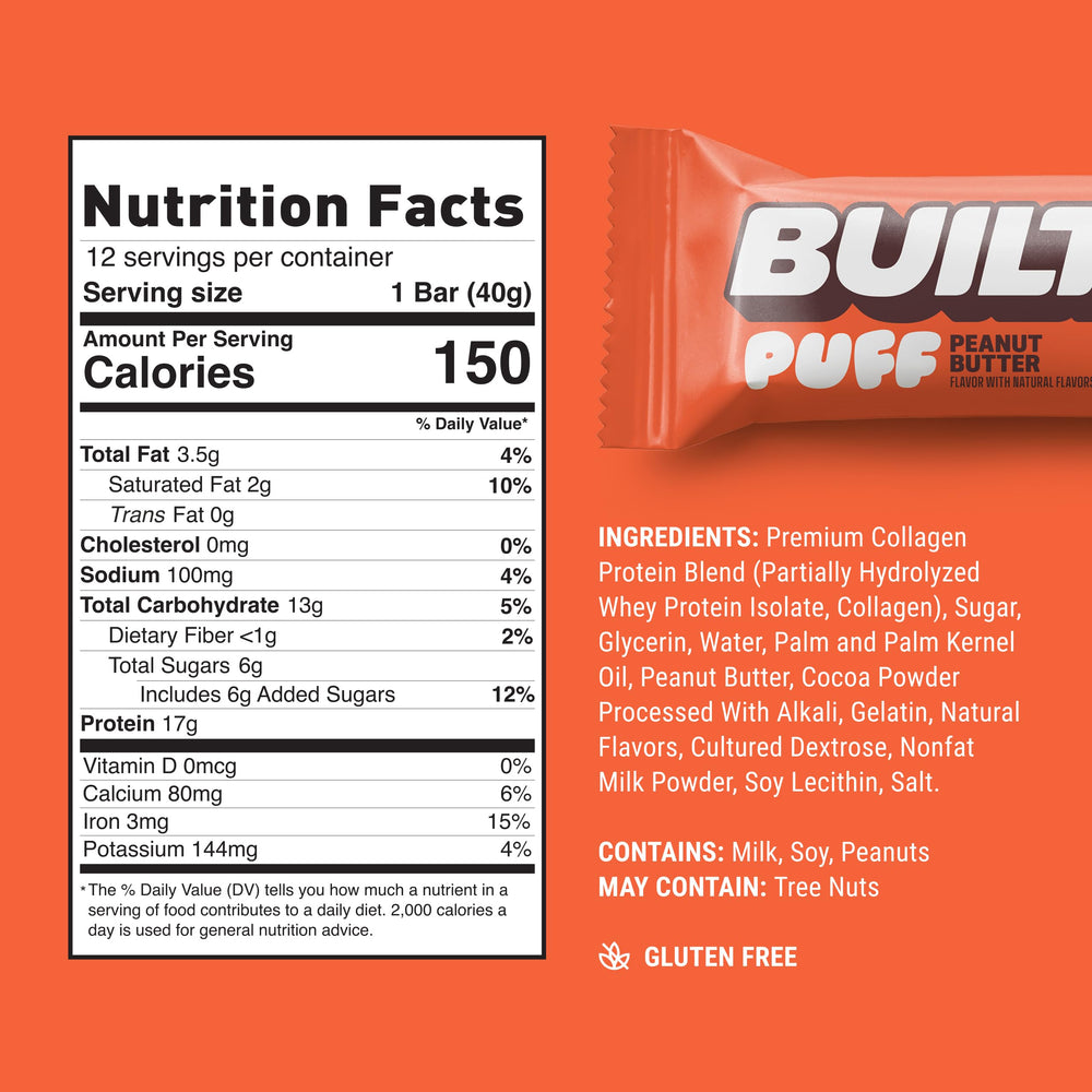 Built Bar Puff Peanut Butter bar close-up highlights chocolate coating and lightness.