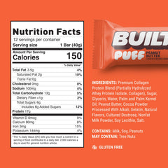 Built Bar Puff Peanut Butter bar close-up highlights chocolate coating and lightness.