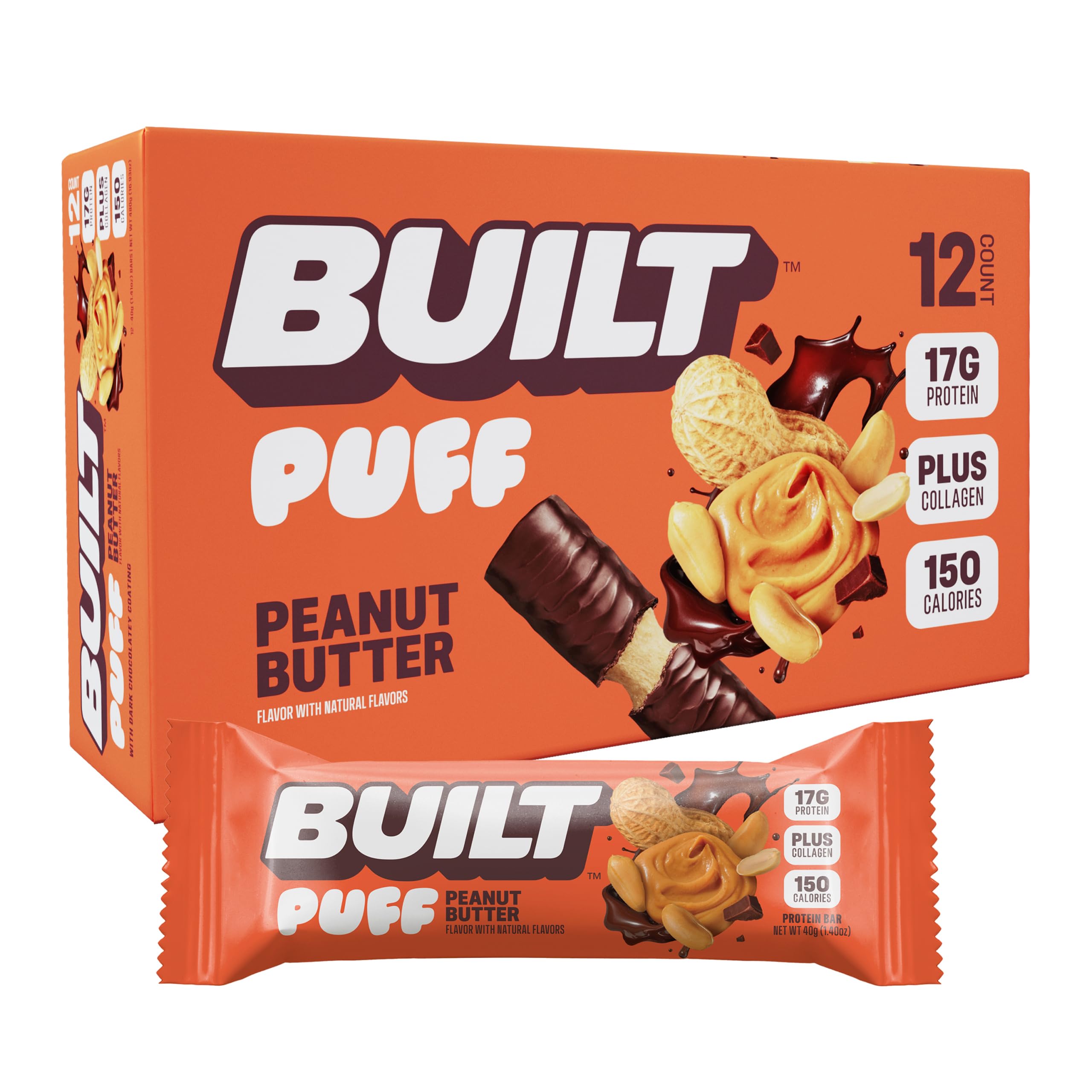 Built Bar Puff Peanut Butter bite shows fluffy texture and protein boost.