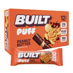 Built Bar Puff Peanut Butter bite shows fluffy texture and protein boost.