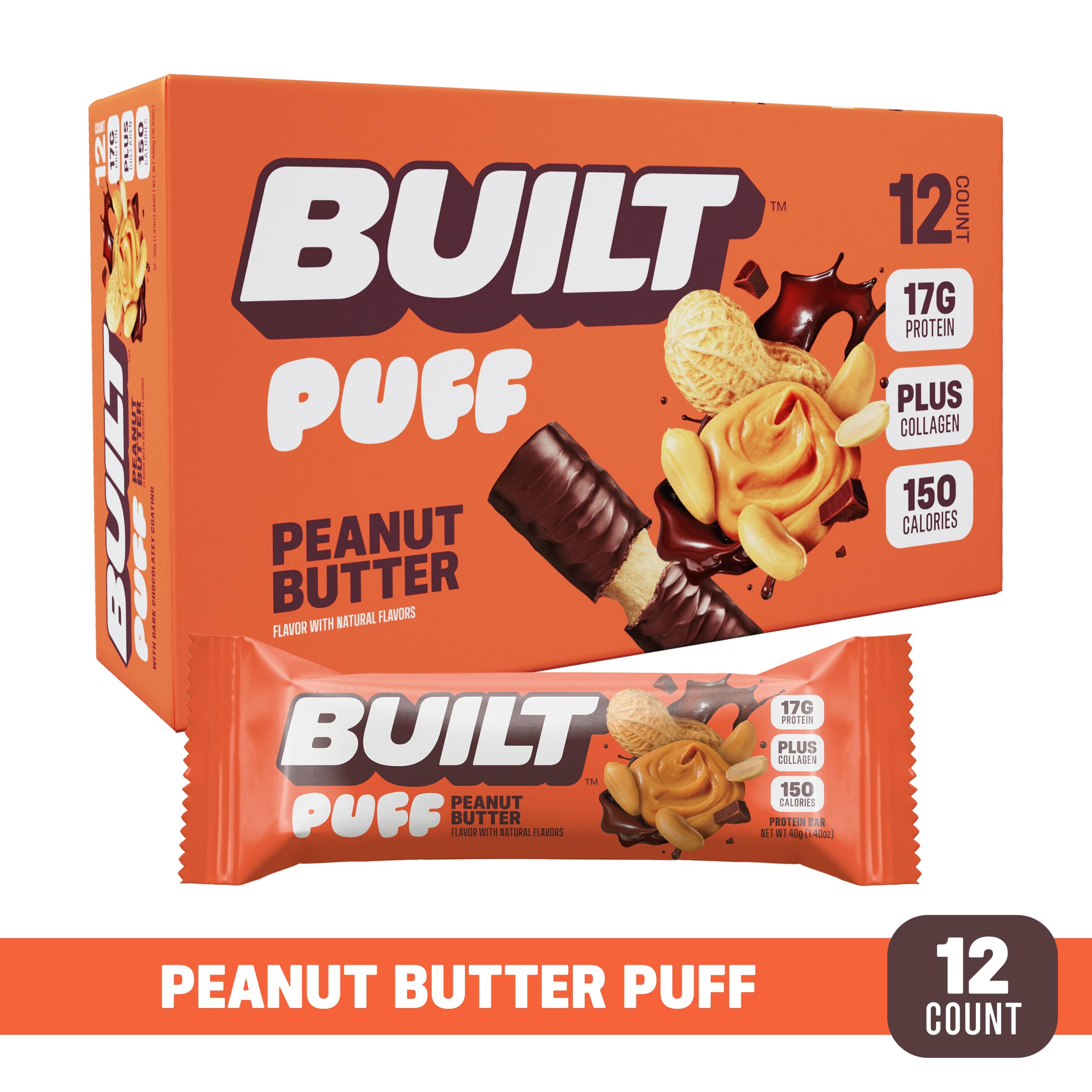 Built Bar Puff Peanut Butter pack showcased for on-the-go snacking.