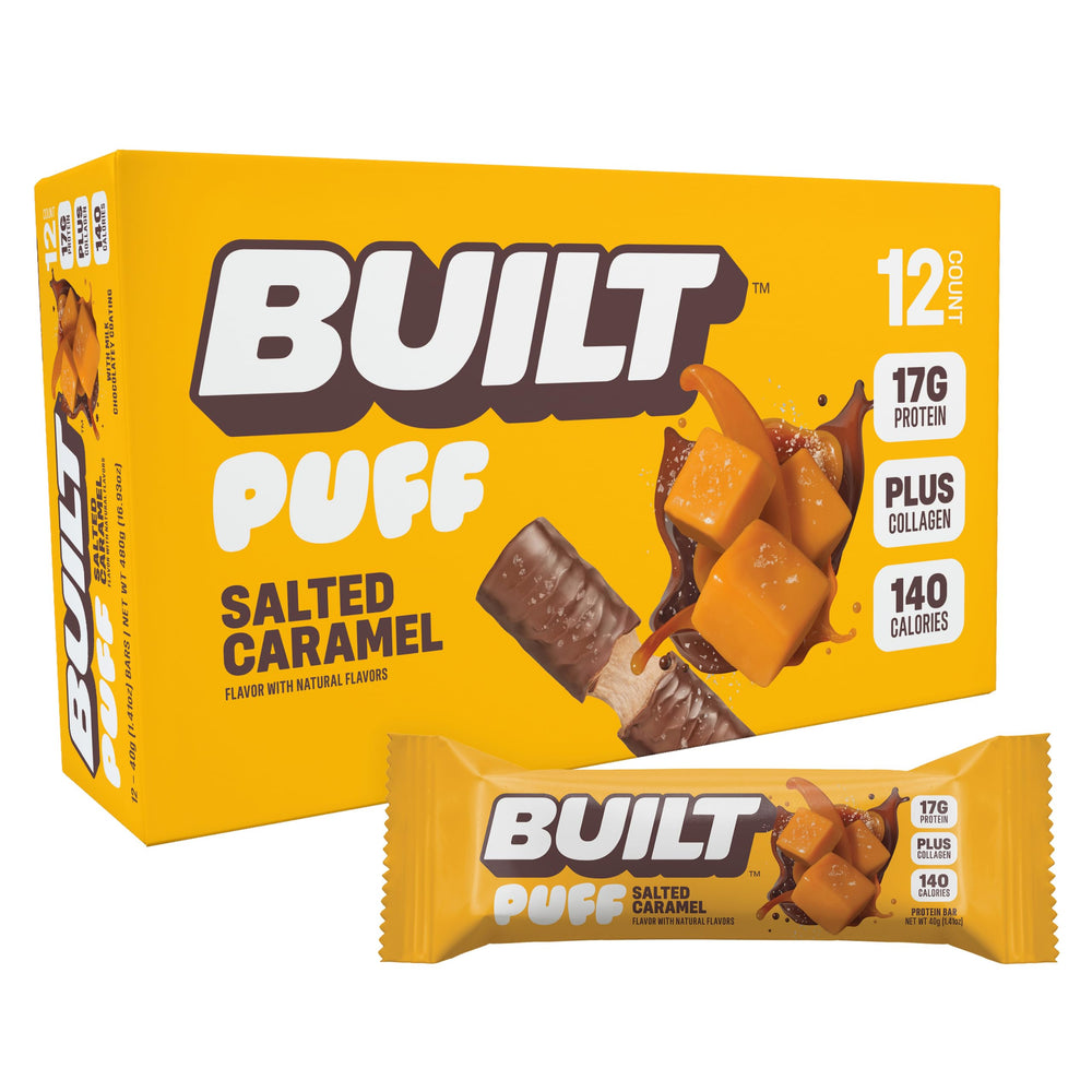 Built Bar Puff Salted Caramel bar boosts protein for post-workout recovery.