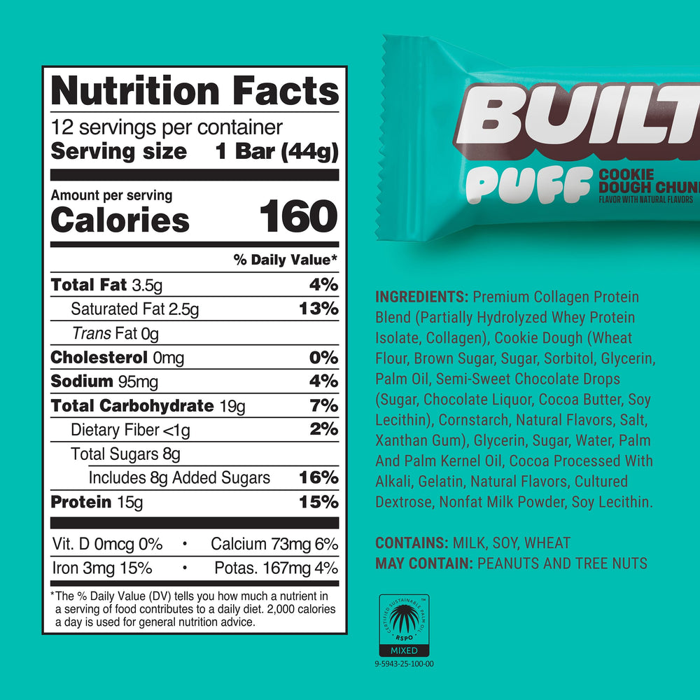 Built Bar Puffs soft fluffy texture close-up highlights smooth protein bar.