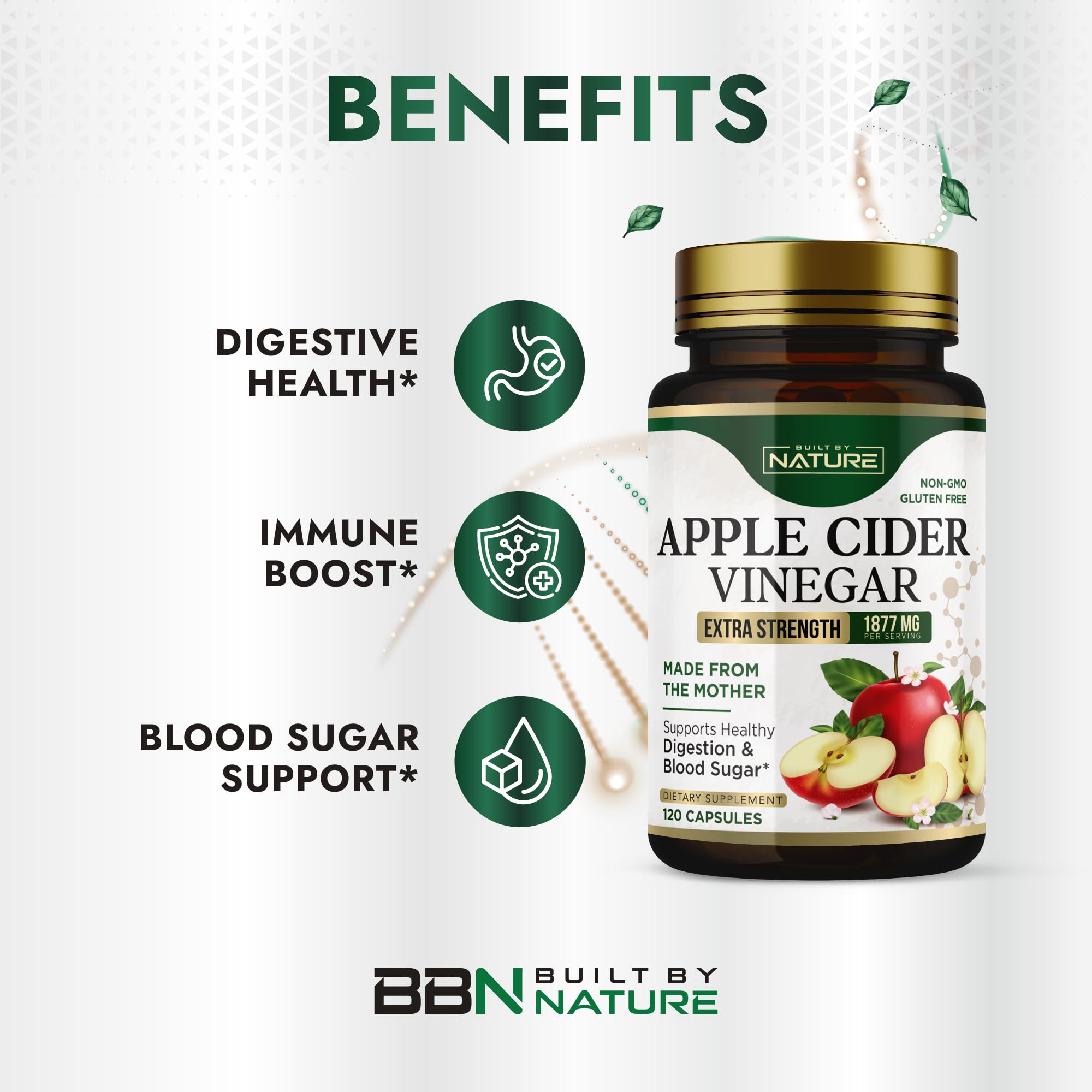Built by Nature ACV capsules shown with water to illustrate convenient daily regimen.