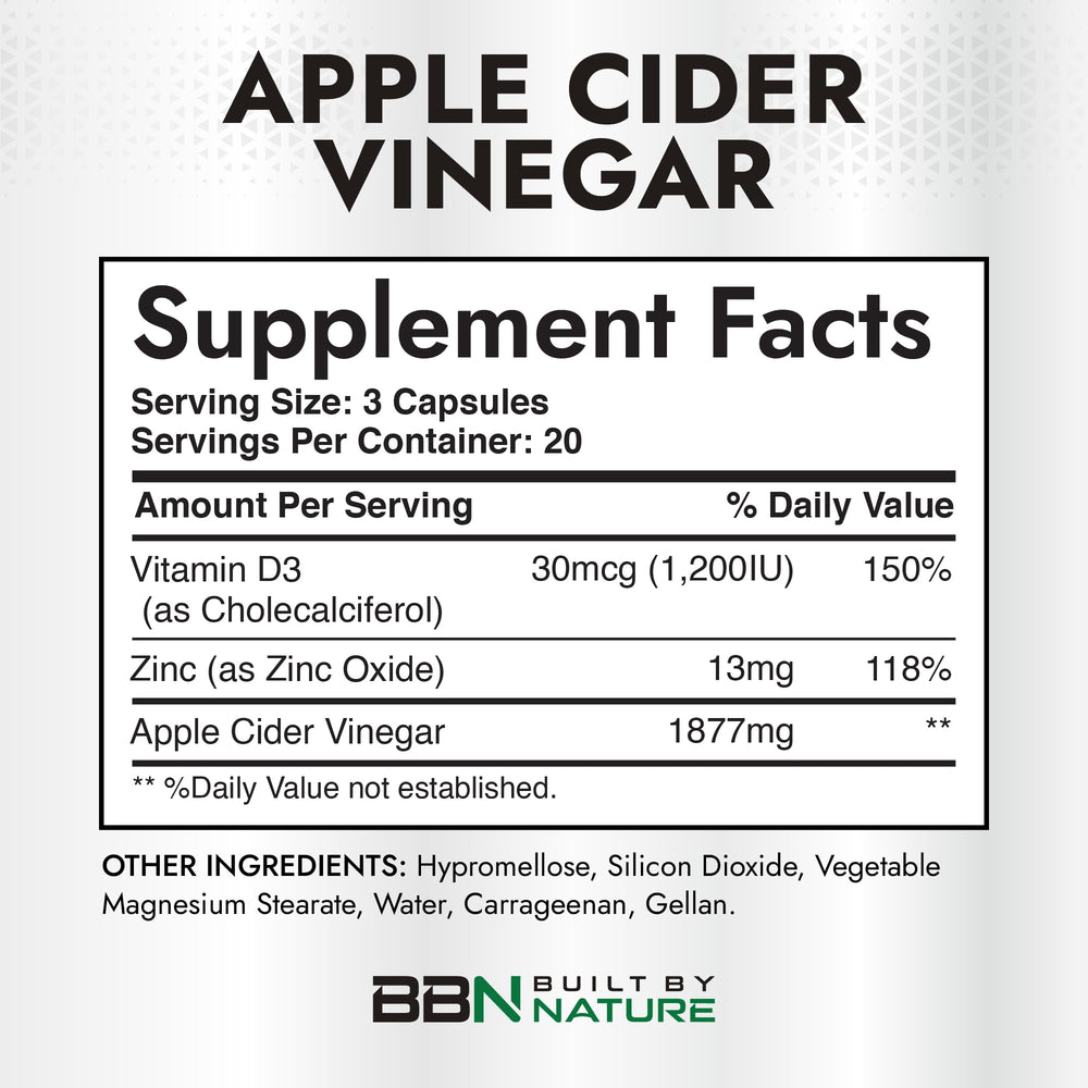Built by Nature ACV capsules being poured, highlighting convenient dosage for digestion support.