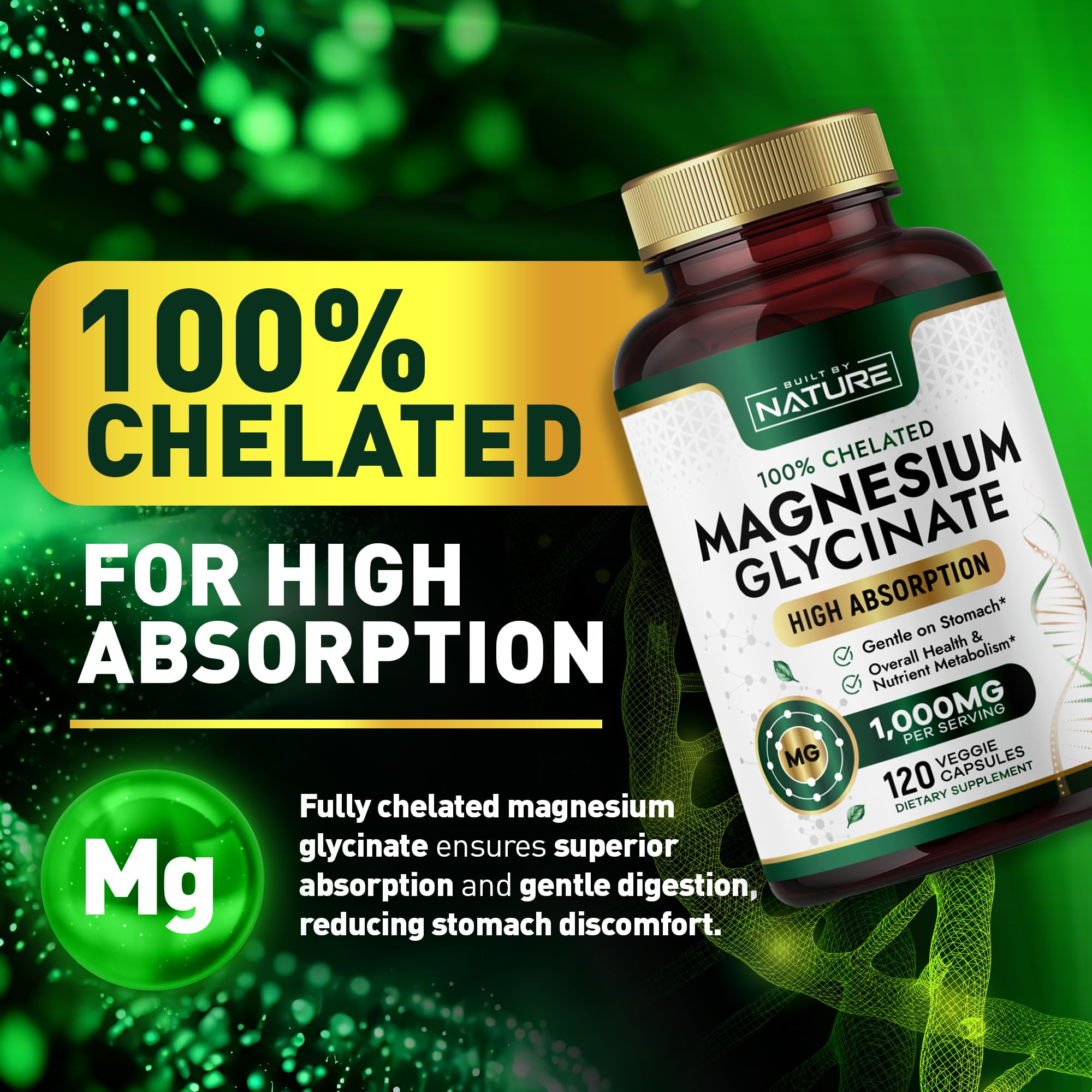 Built By Nature magnesium label close-up highlights chelated formula for better absorption.