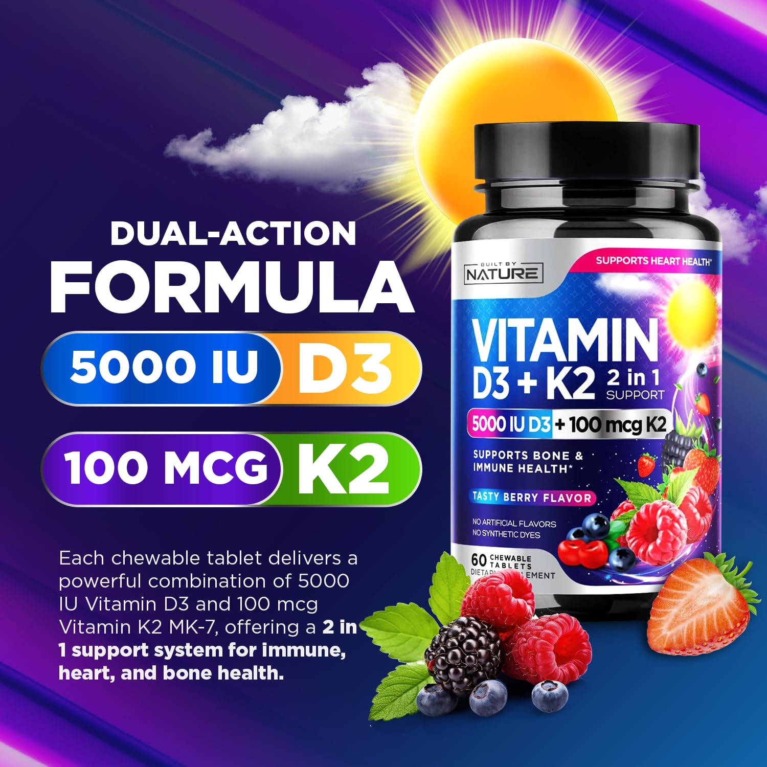 Built By Nature D3 K2 chewables 5000iu 100mcg closeup for potent daily intake.