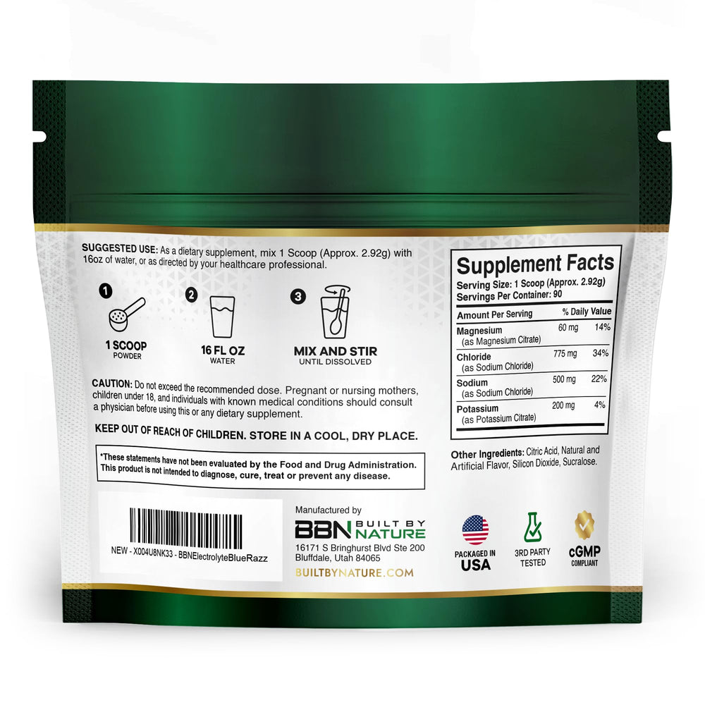 Built by Nature Electrolytes powder mix blue razz for quick hydration