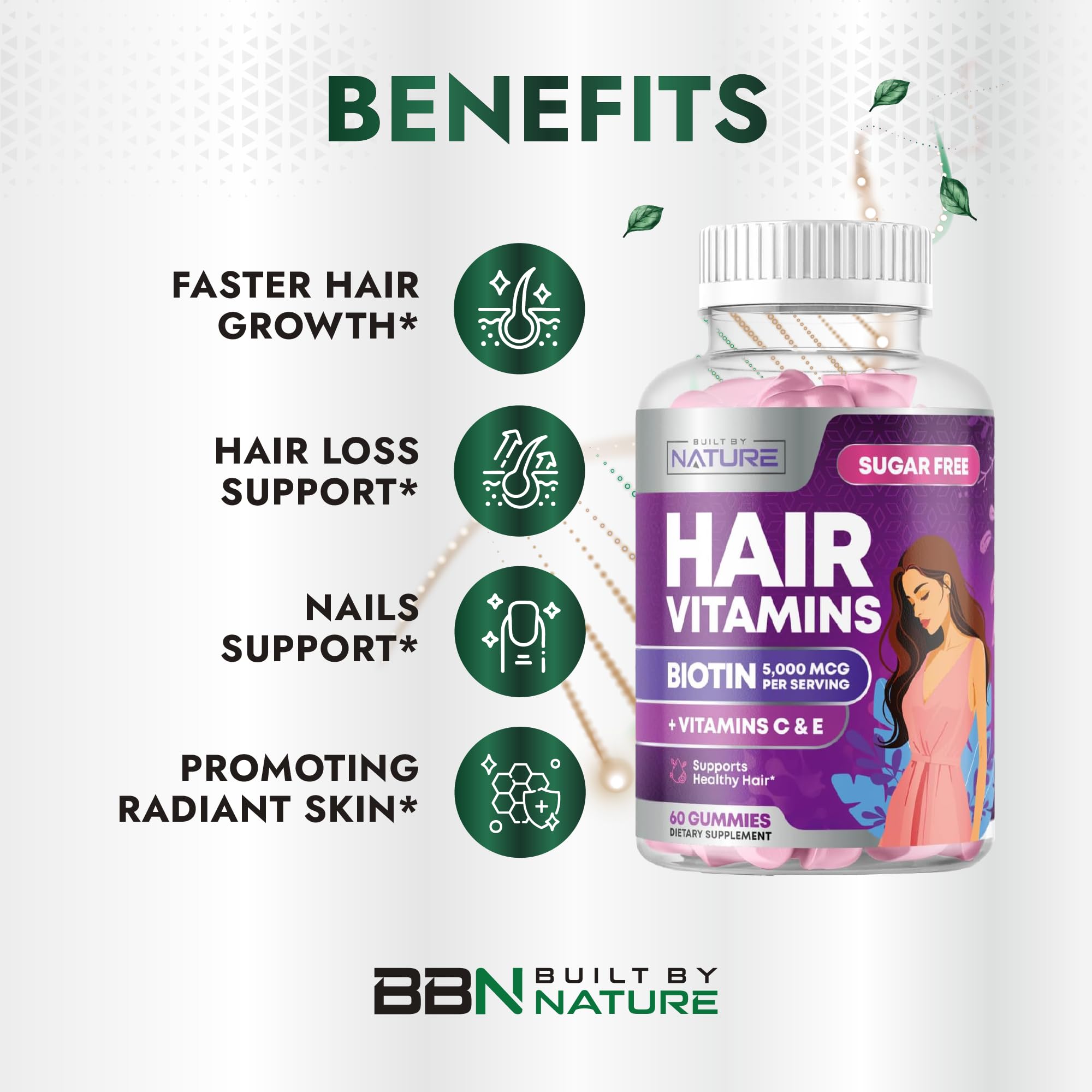 Built by Nature Hair Vitamins bottle label highlights biotin-powered formula for hair nourishment.