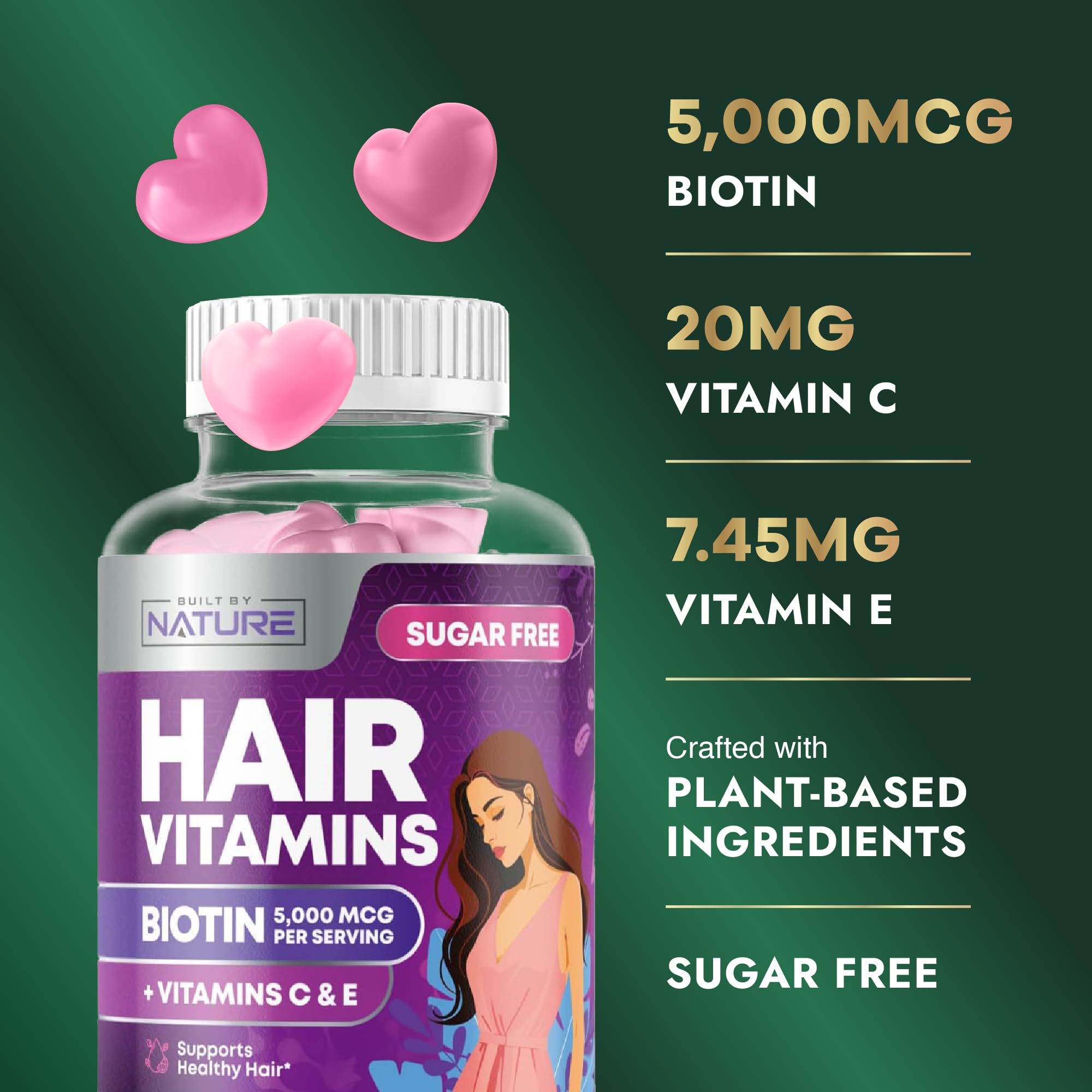 Built by Nature Hair Vitamins packaging; vegan and Non-GMO promise in a chic bottle.