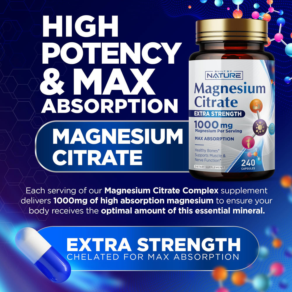 Built by Nature Magnesio Citrato 1000mg en cápsulas, apoyo a músculos y nervios.