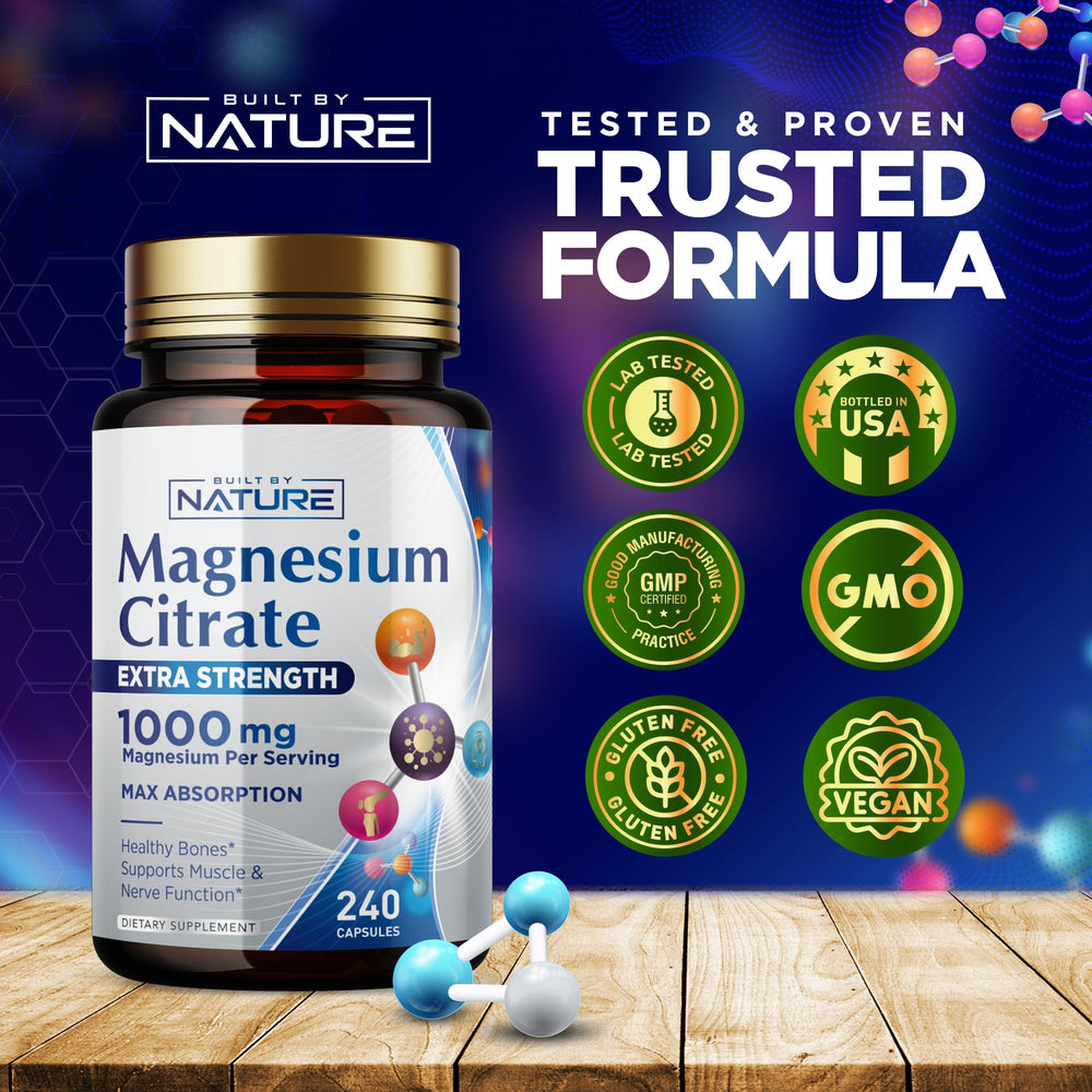 Built by Nature Magnesio Citrato 1000mg sin gluten para diversas dietas.