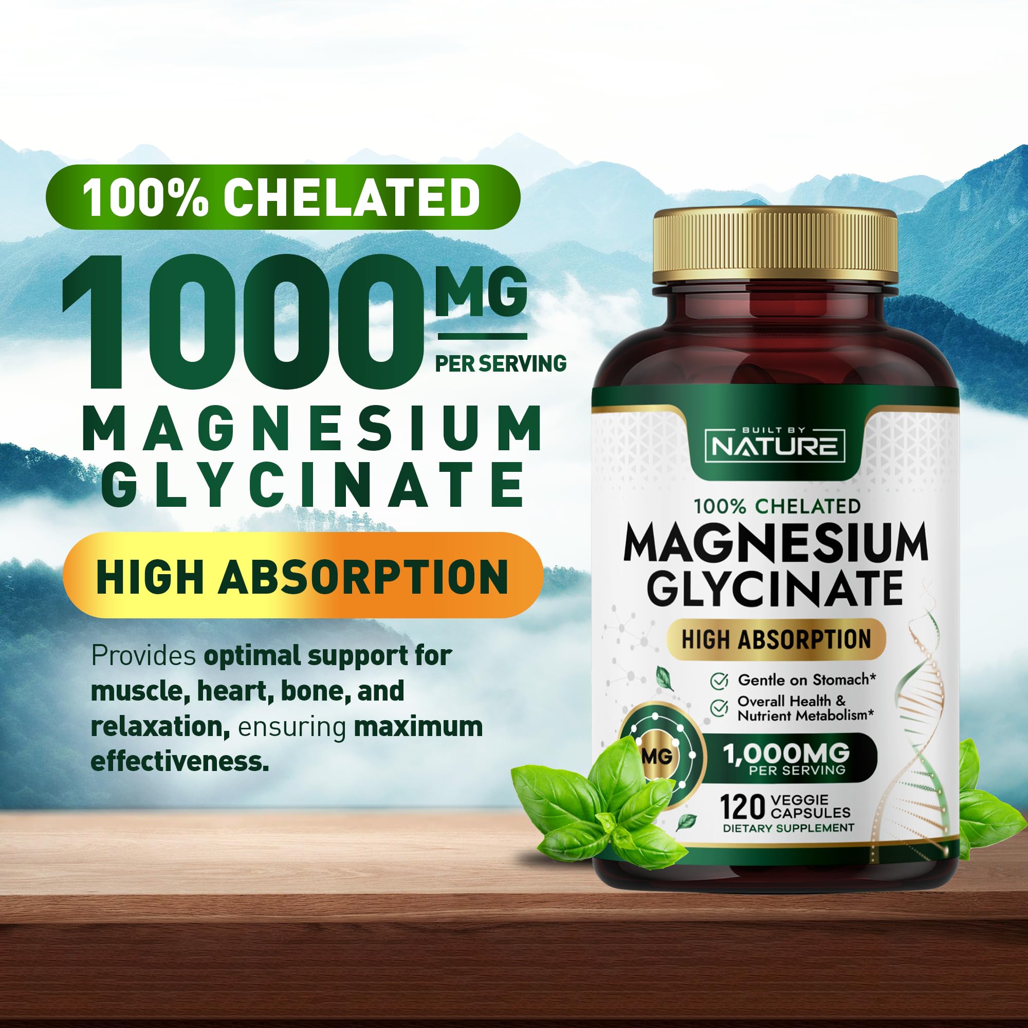 Built By Nature magnesium glycinate capsules close-up highlighting 1000mg dosage.