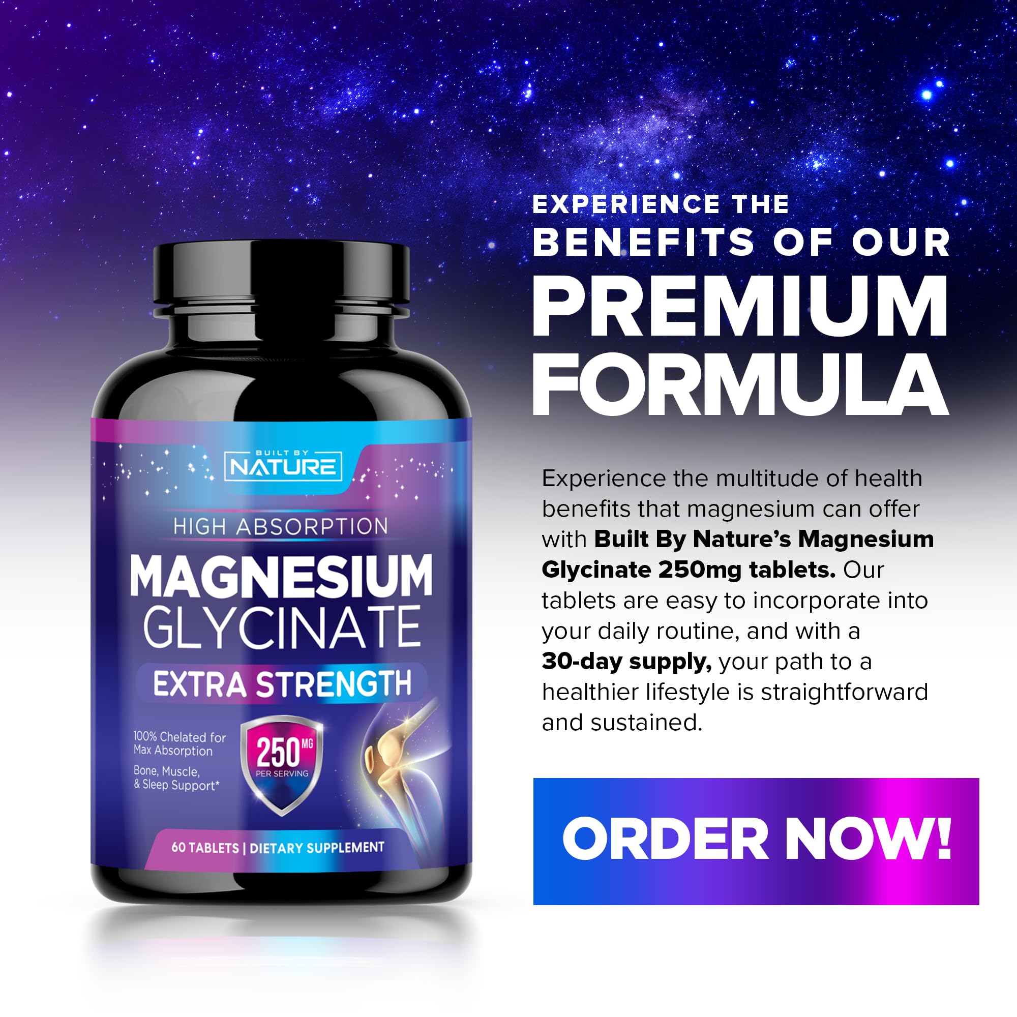Built By Nature Magnesium Glycinate 30-day supply for consistent daily use.