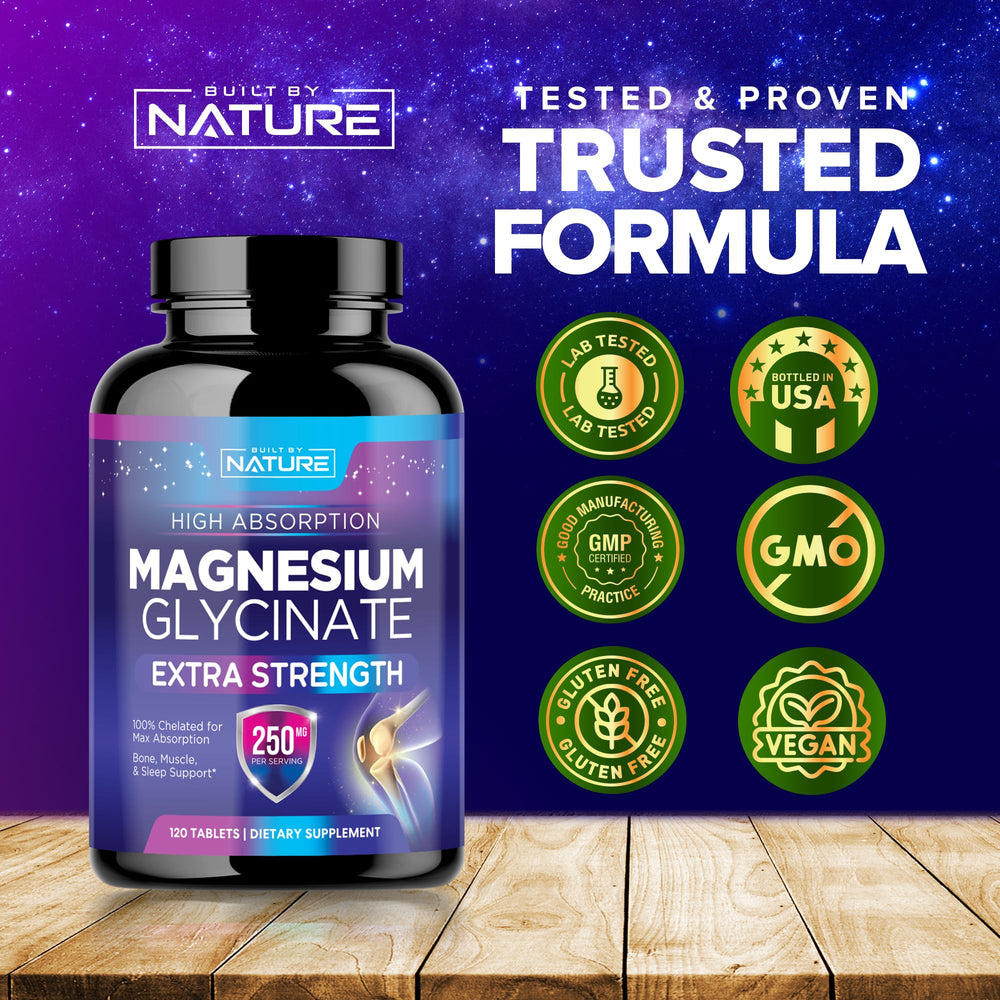Built By Nature Magnesium Glycinate bottle with glass of water for daily use.