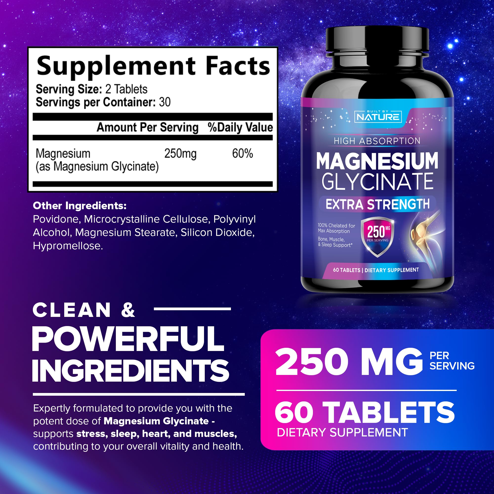 Built By Nature Magnesium Glycinate tablets close-up for high absorption.