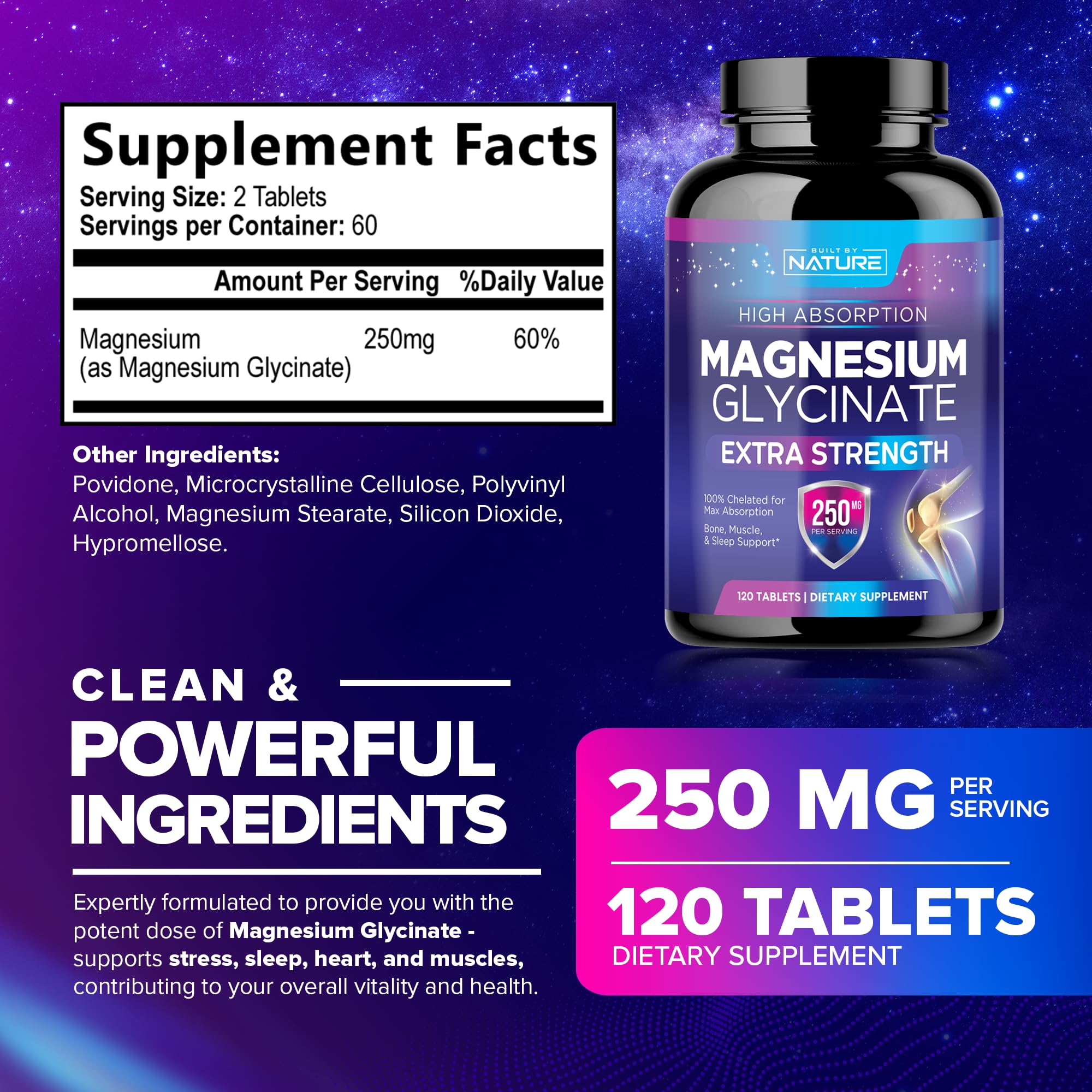 Built By Nature Magnesium Glycinate tablets close-up showing purity.