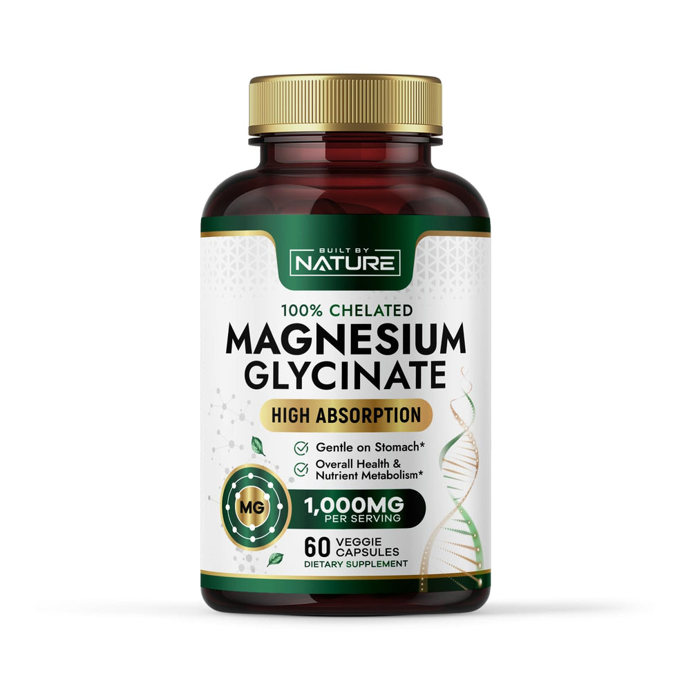 Built By Nature Magnesium Glycinate 1000mg bottle showing high absorption potential.