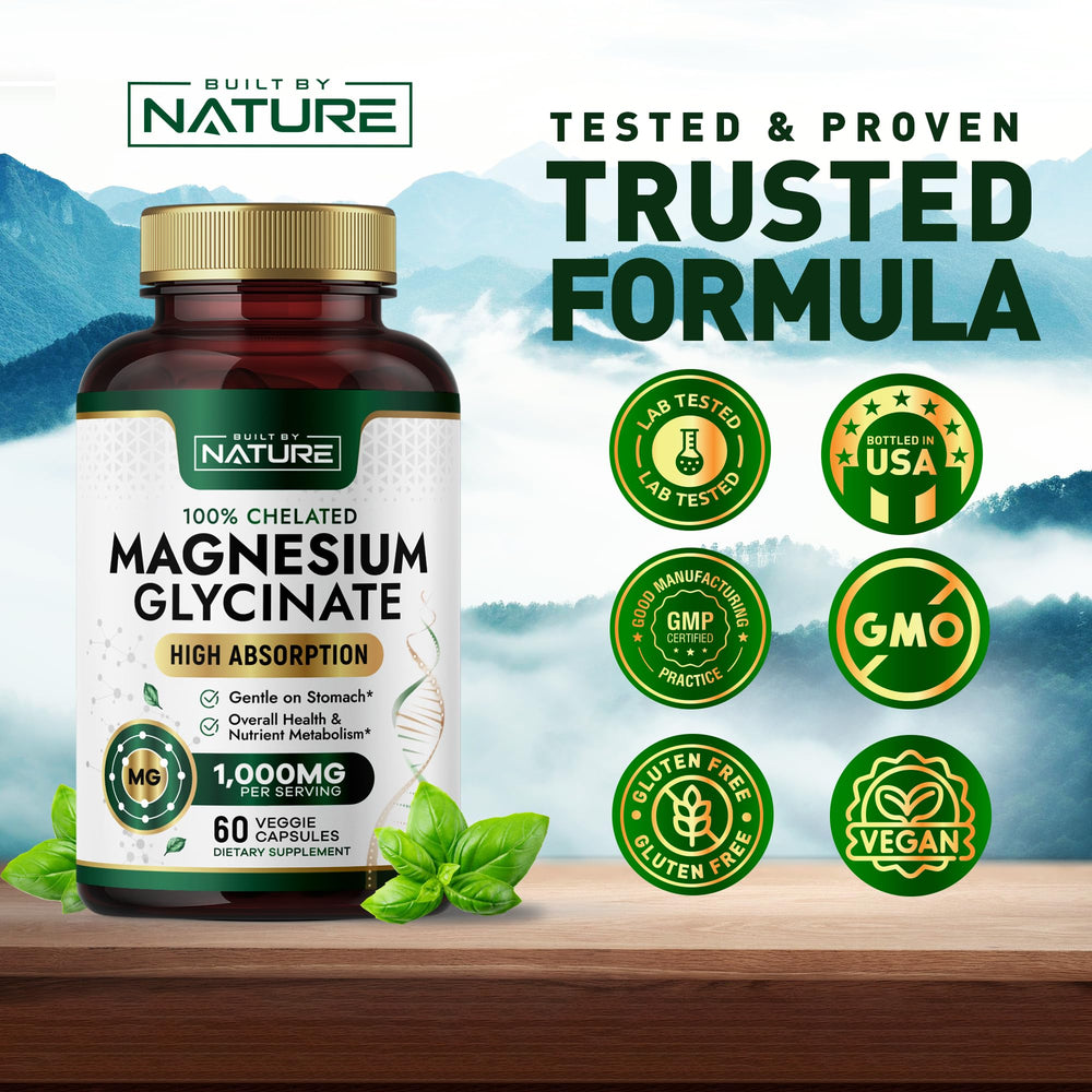 Built By Nature Magnesium Glycinate relaxation scene with capsules.