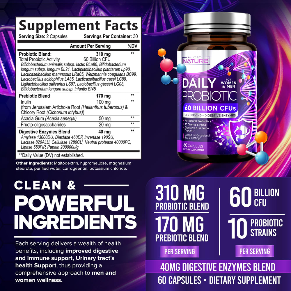 Built by Nature probiotic label shows 10 strains for comprehensive digestive balance.