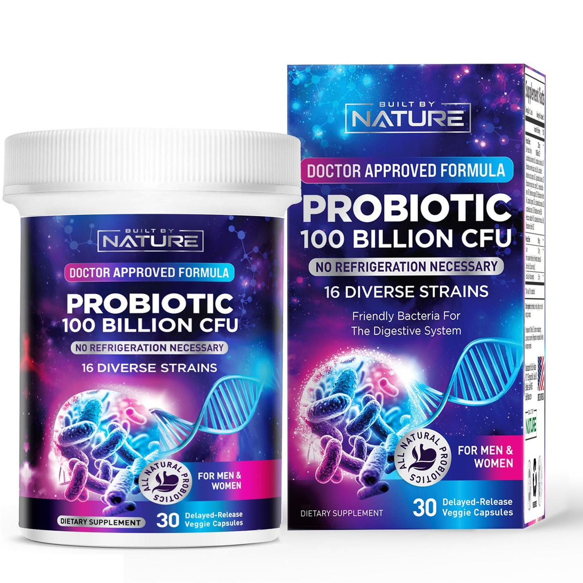 Built By Nature probiotic bottle showing 100 Billion CFU, supports daily digestive balance