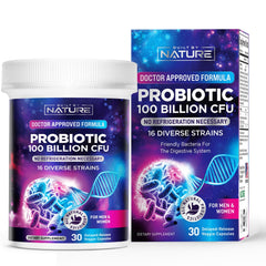 Built By Nature probiotic bottle showing 100 Billion CFU, supports daily digestive balance