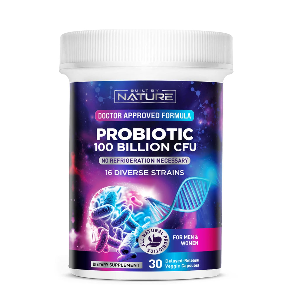 Built By Nature probiotic bottle close-up highlighting 16 strains for broad gut support