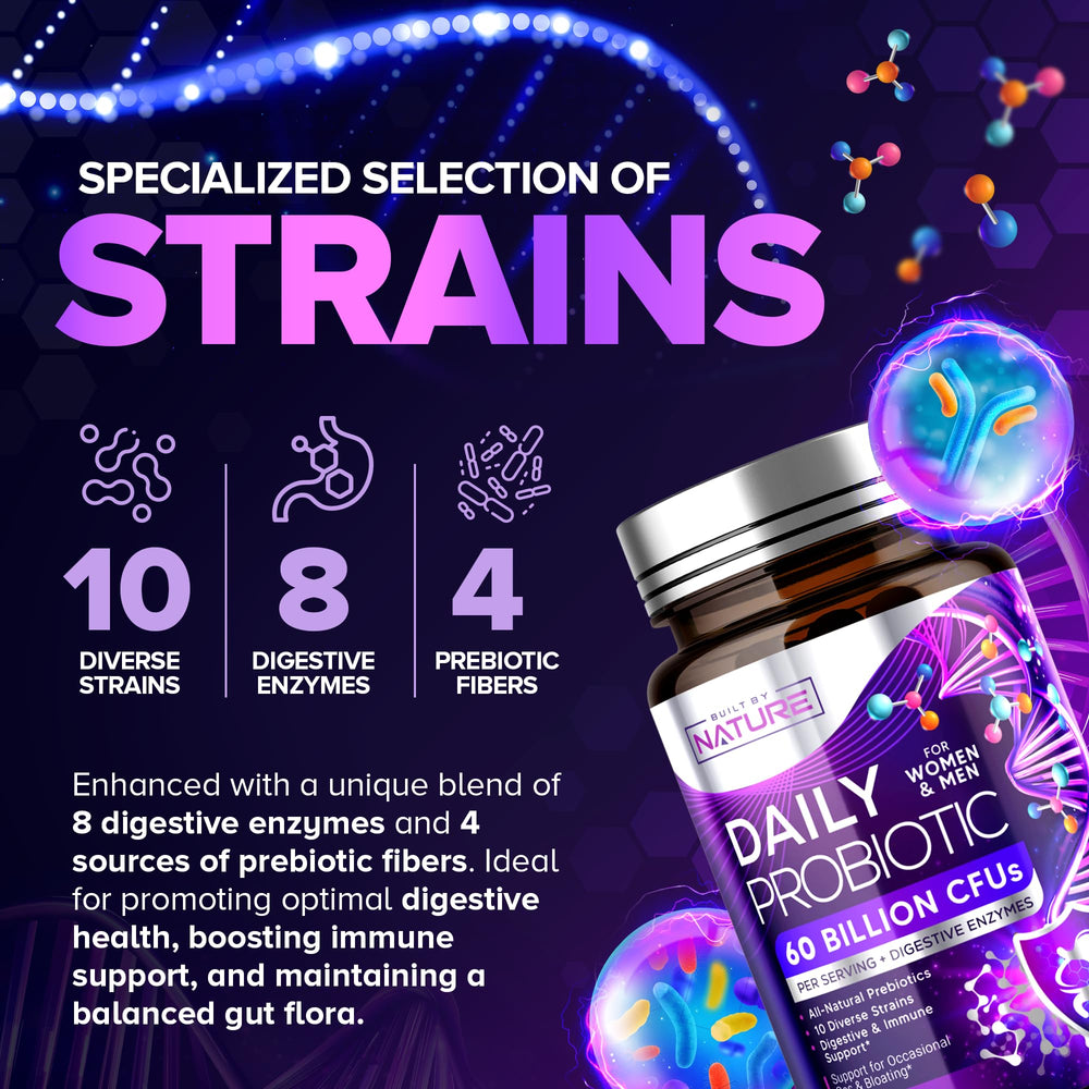 Built by Nature probiotic capsules spilled from bottle indicating convenient daily use.