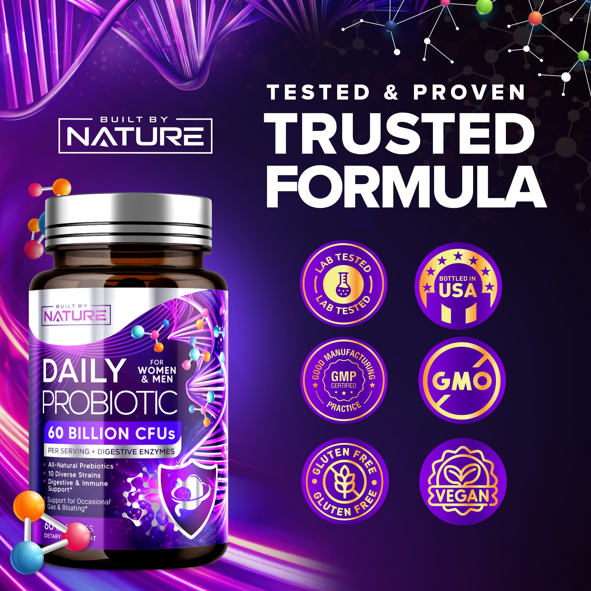 Built by Nature probiotic with prebiotics and enzymes supports nutrient absorption.