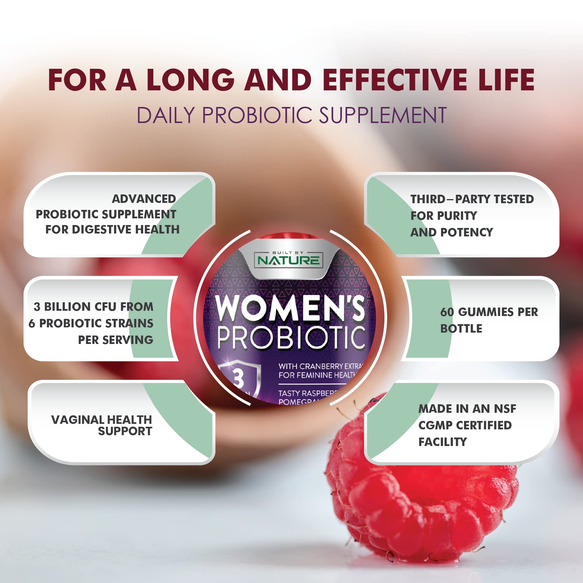 Built by Nature Probiotics for Women bottle and pill-dispense cap ready for daily routine.