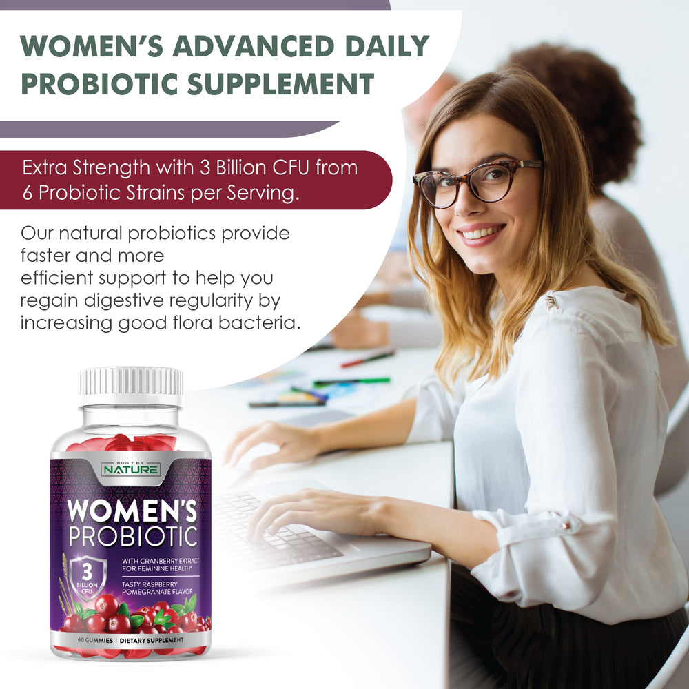 Built by Nature Probiotics for Women cranberry-infused gummy suggesting urinary tract health support.